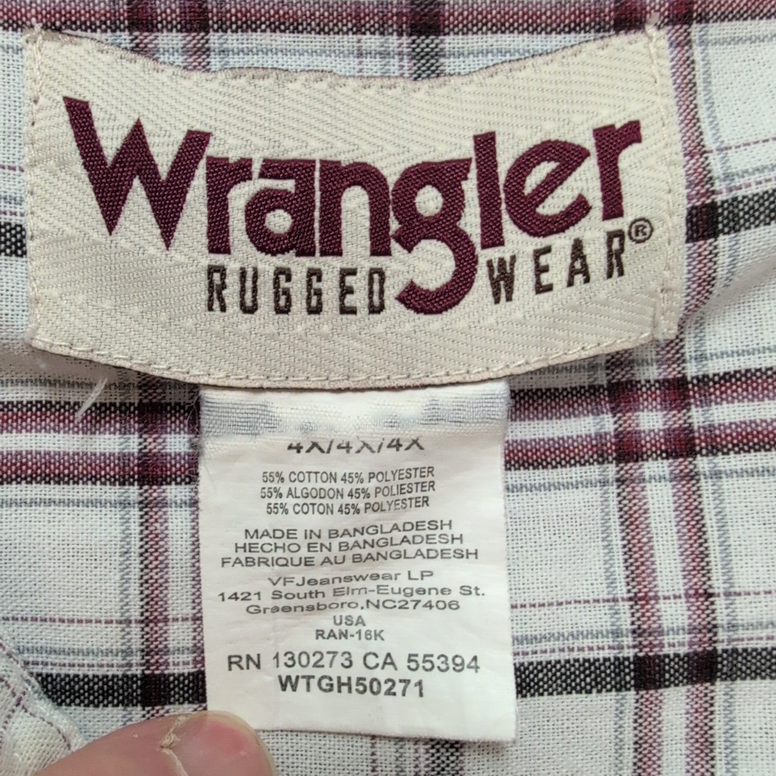 Chemise Wrangler Rugged Wear Manches Courtes Carreaux Rouge Noir Blanc T. 4XL