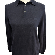 Pull Hugo Boss Femme Taille L Bleu Marine 100% Laine Mérinos Col Boutonné