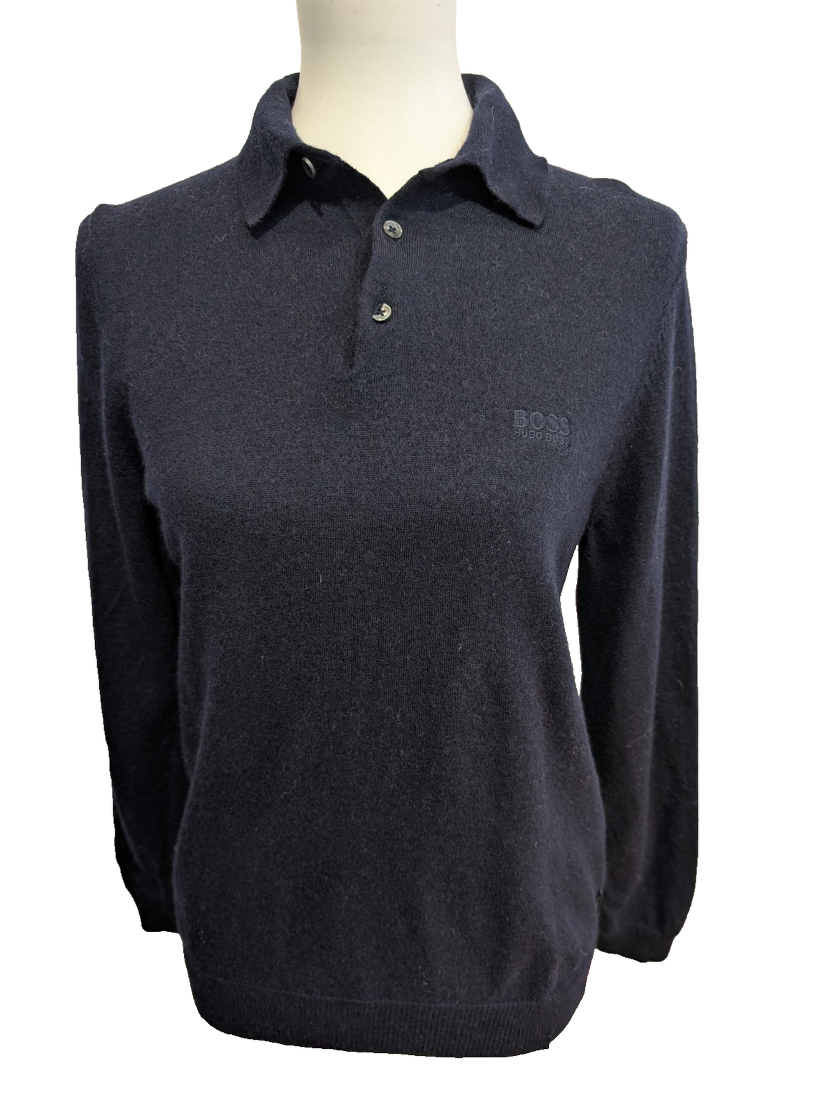 Pull Hugo Boss Femme Taille L Bleu Marine 100% Laine Mérinos Col Boutonné