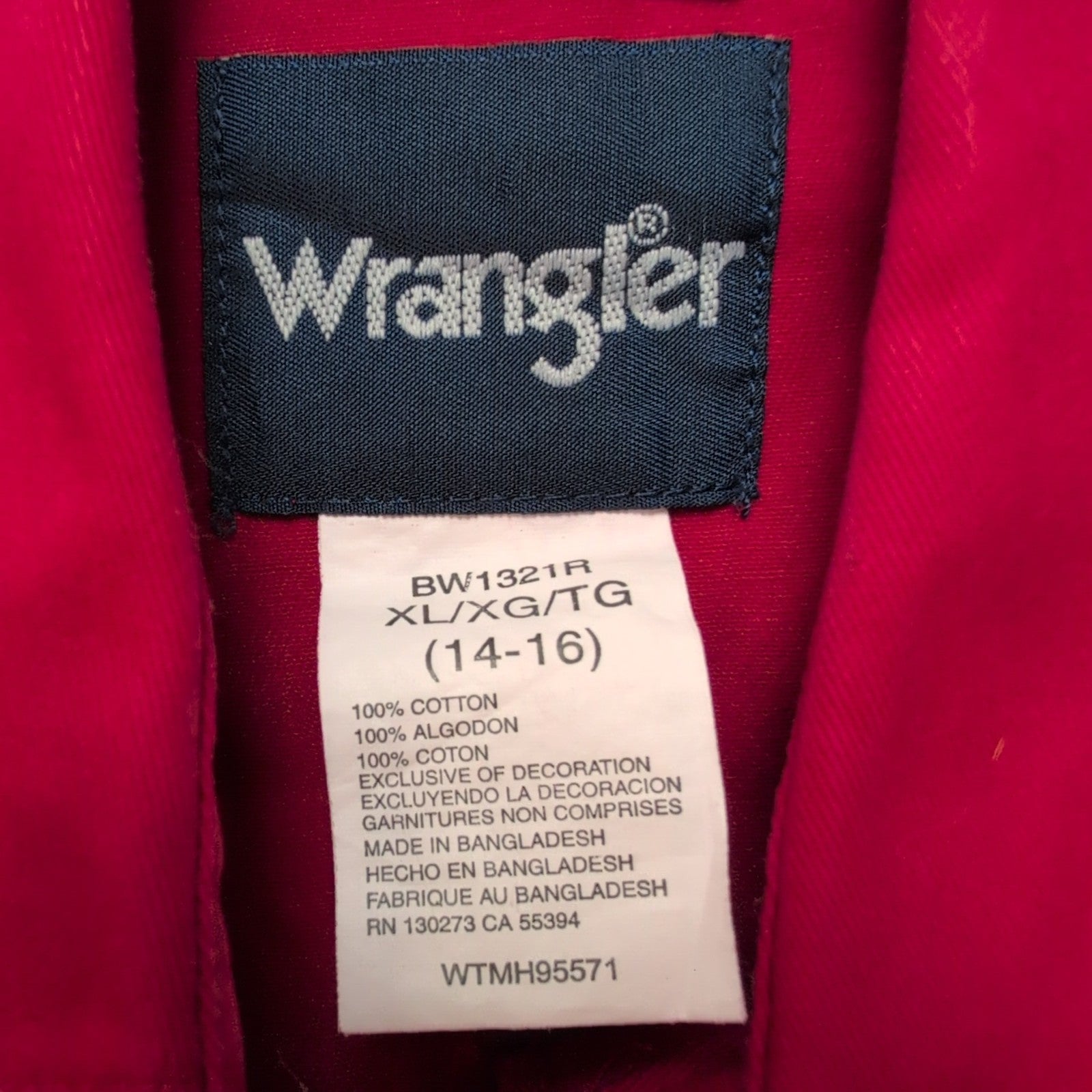 Chemise Wrangler Western 2 poches Garçon XL 14-16 ans Rouge