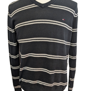 Pull Tommy Hilfiger Homme Col V Noir Rayé Gris Logo Brodé - Taille M