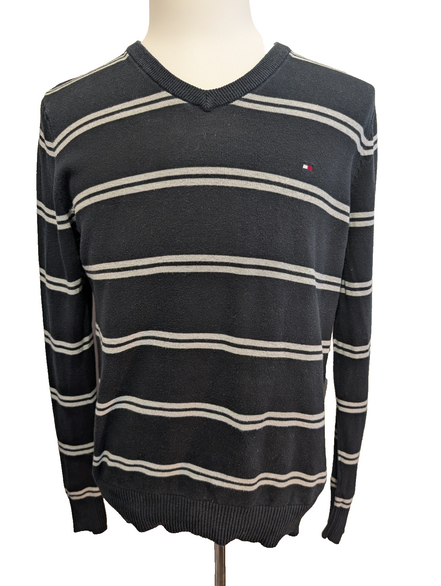 Pull Tommy Hilfiger Homme Col V Noir Rayé Gris Logo Brodé - Taille M
