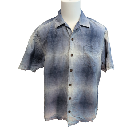 Chemise Hawaïenne Tommy Bahama L 100% Soie Bleue Carreaux Boutons Bois