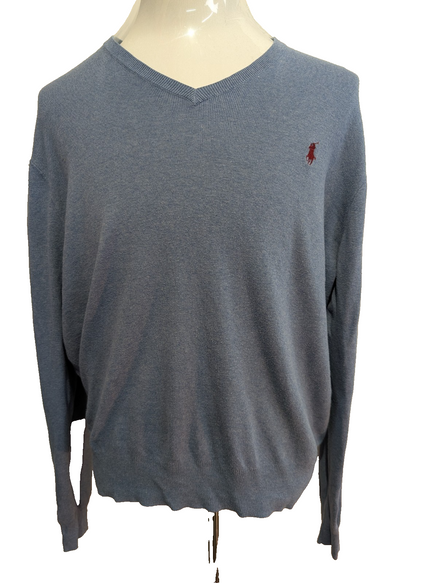 Pull Fin Polo Ralph Lauren Bleu Clair Col V Taille L Logo Rouge | 547WSR