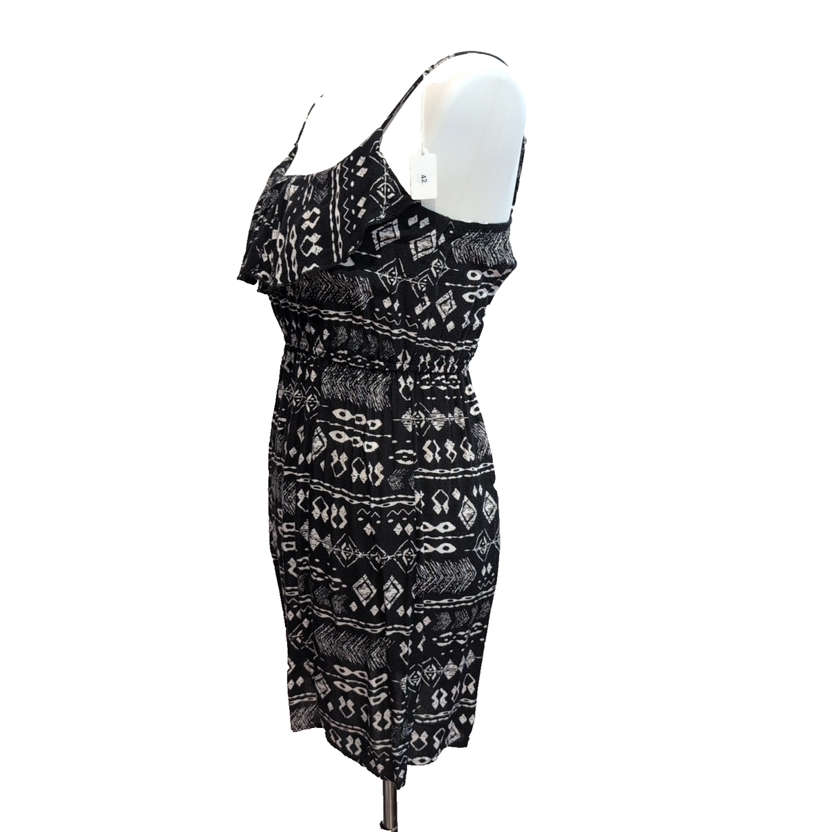 Robe d'été Femme XS Noir Blanc Motif Ethnique Rayonne Bretelles Réglables