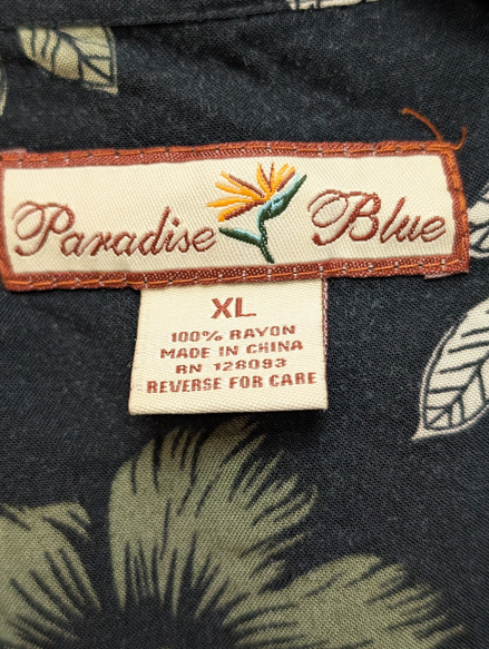 Chemise Hawaïenne Paradise Blue Noire à Fleurs Rayonne - Taille XL