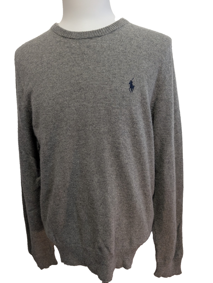 Pull Polo Ralph Lauren Gris Logo Bleu Marine - 100% Laine d'Agneau L