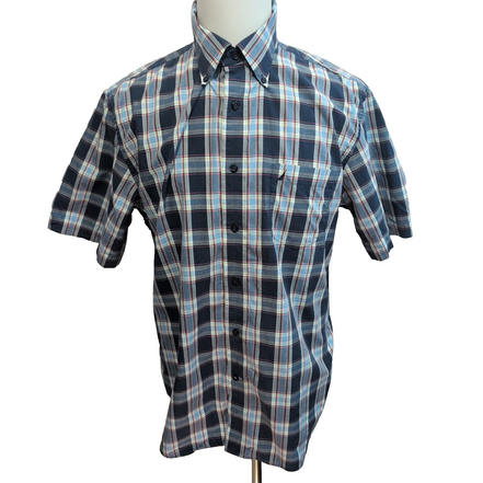 Chemise Nautica Classic Fit L Bleu Marine Carreaux 100% Coton Manches courtes