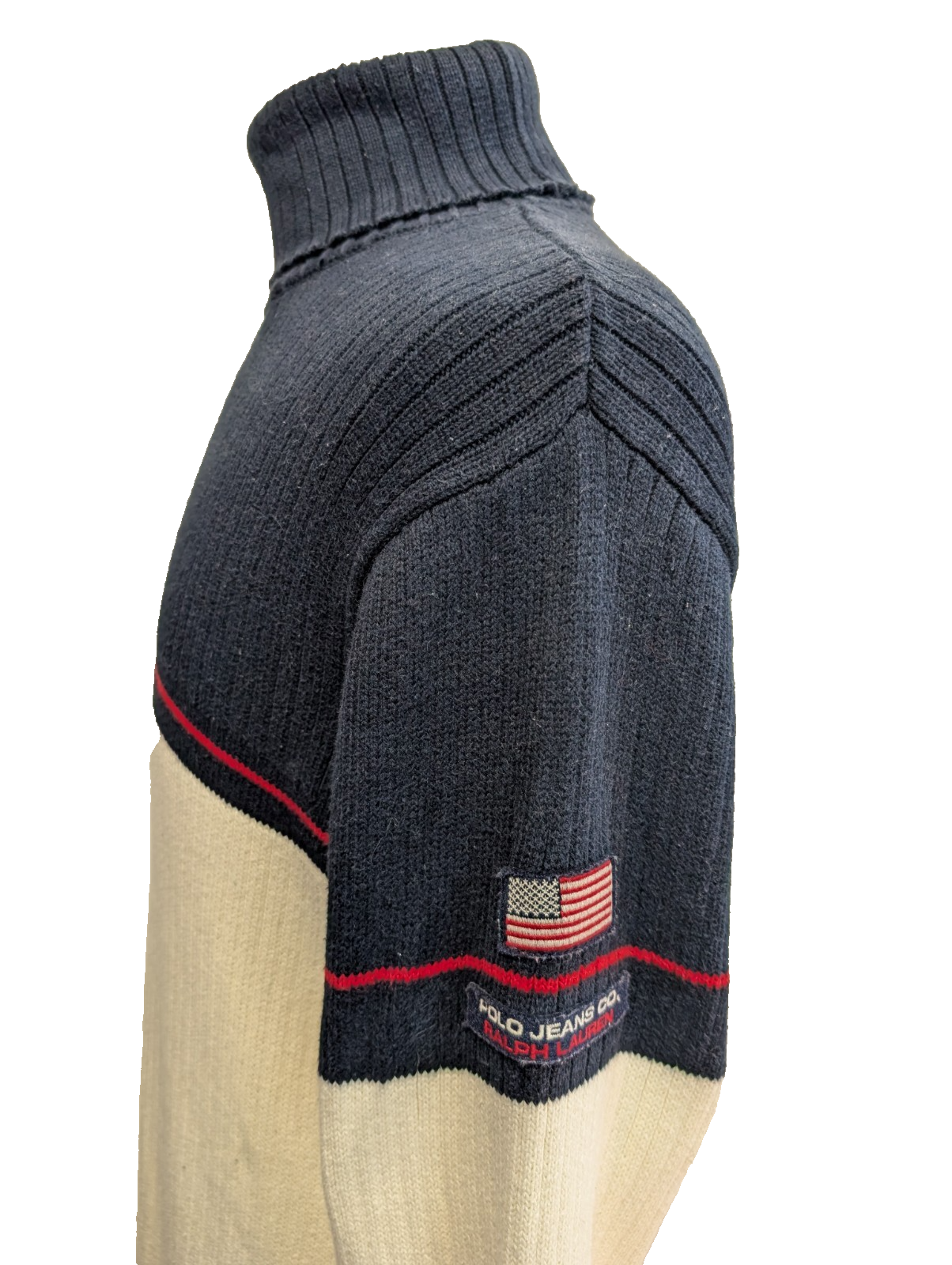 Pull Col Roulé Ralph Lauren Blanc Cassé & Marine - Drapeau USA - Taille M