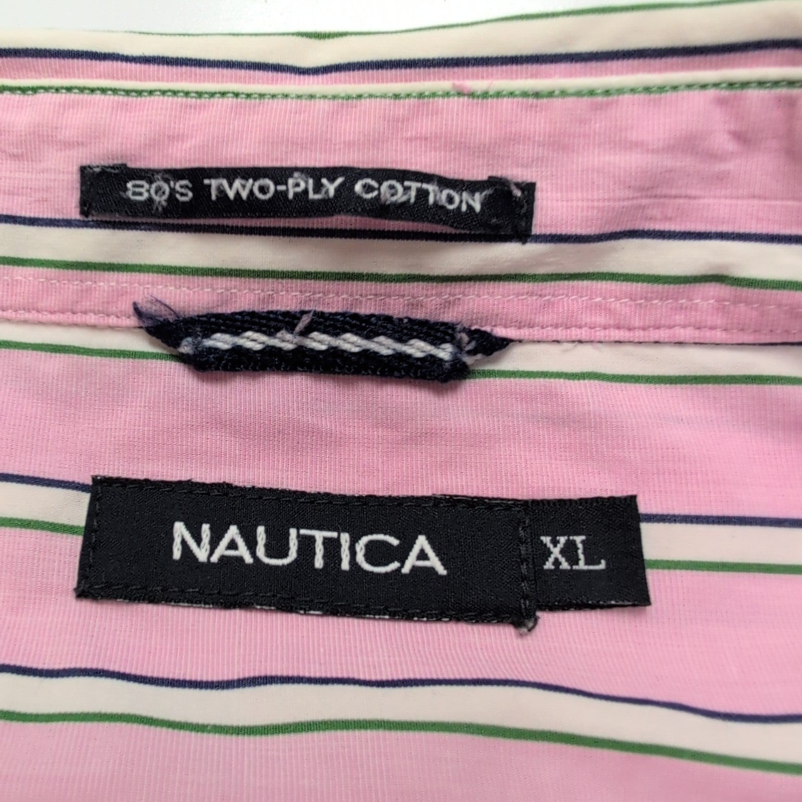 Nautica chemise 80s two ply coton rose pâle rayures vertes XL