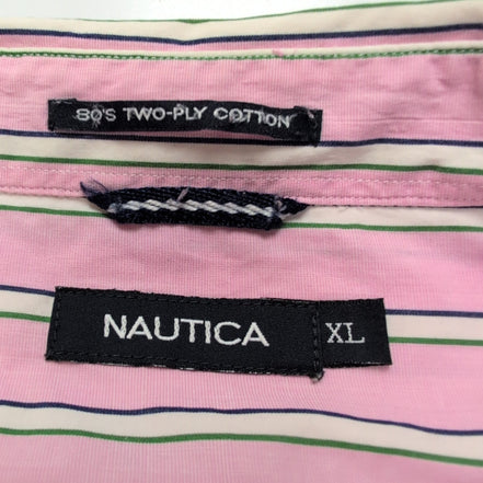 Nautica chemise 80s two ply coton rose pâle rayures vertes XL