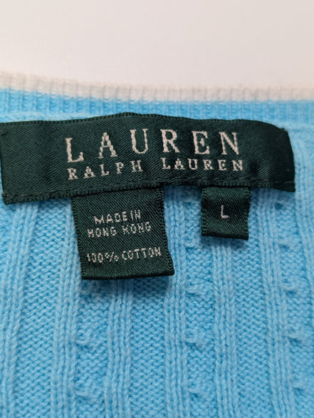 Pull femme LAUREN Ralph Lauren bleu ciel torsades coton col V taille L