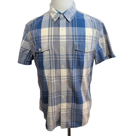 Chemise Tommy Hilfiger Manches Courtes Bleu Blanc Gris à Carreaux Taille L