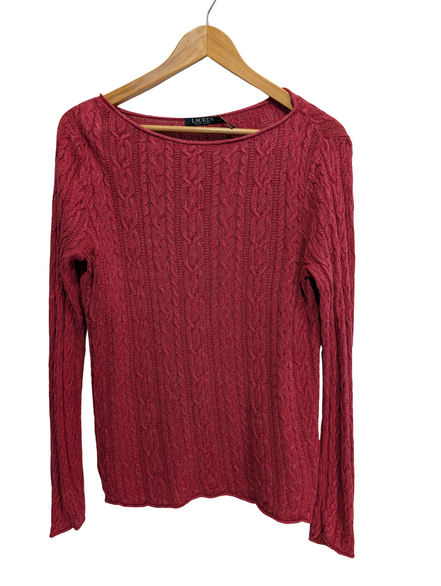 Pull LAUREN Ralph Lauren femme L coton rouge bordeaux torsadé col rond