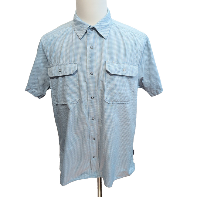 Chemise Patagonia L Bleu Carreaux Nylon Manches Courtes Boutons Pression