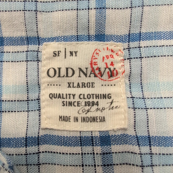 Chemise Old Navy XL Lin Coton Bleu Blanc Carreaux Manches Courtes