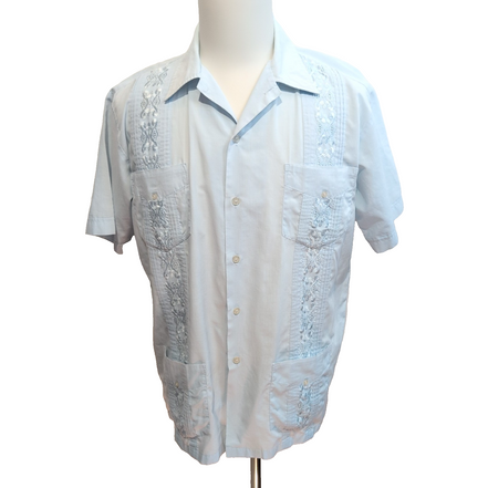 Chemise Hawaïenne Cascade Style Cuba Panama Bleu Clair Brodée Taille S