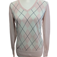 Pull Fin Tommy Hilfiger Femme Col V Rose Motif Losanges Coton Pima Taille M