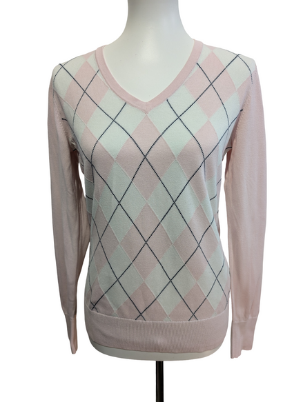Pull Fin Tommy Hilfiger Femme Col V Rose Motif Losanges Coton Pima Taille M