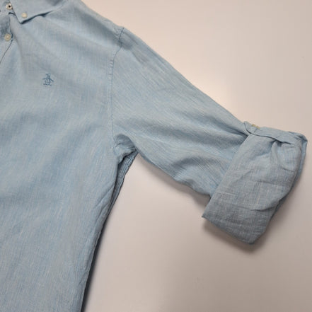 Chemise Penguin L Bleu Clair Uni Lin Coton Manches Retractables