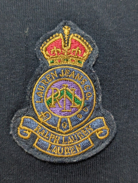 Pull LAUREN Jeans Co Ralph Lauren XL marine rayures violet écusson brodé