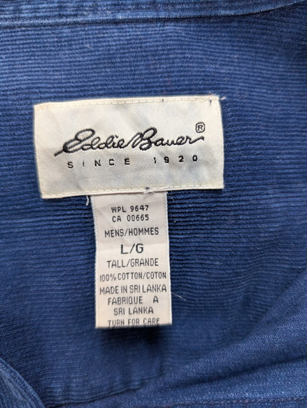 Chemise EDDIE BAUER T.L TALL Velours Côtelé Bleu Vtg Poches Boutons Cachés