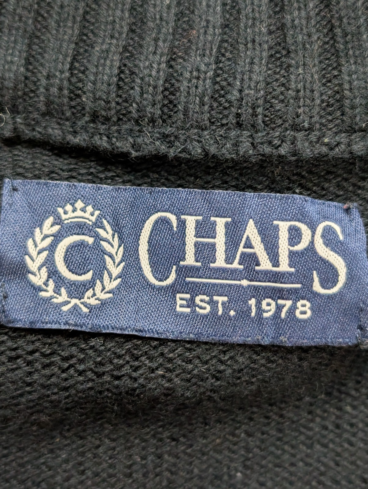 Pull Chaps Noir Pur Coton Col Boutonné & Coudières Vintage - Taille L