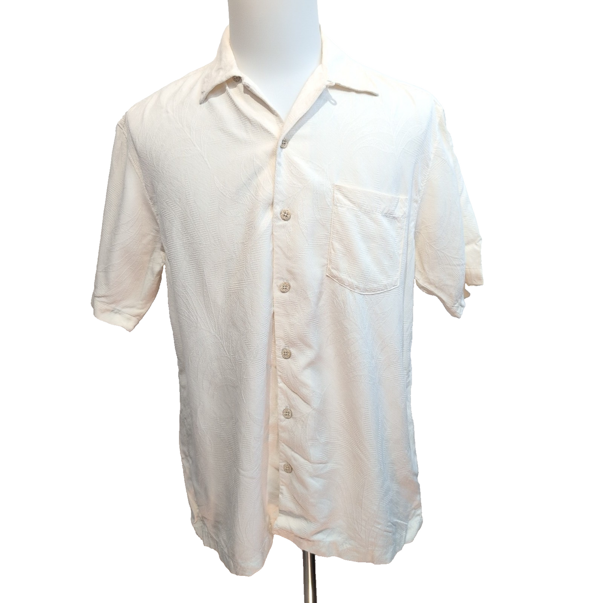 Chemise Hawaïenne Tommy Bahama Soie S Blanc Feuillage Gaufré Manches Courtes