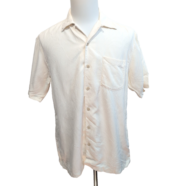 Chemise Hawaïenne Tommy Bahama Soie S Blanc Feuillage Gaufré Manches Courtes