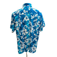Chemise Hawaïenne Blue Sky L 100% Rayonne Bleue Fleurs Blanches Poche