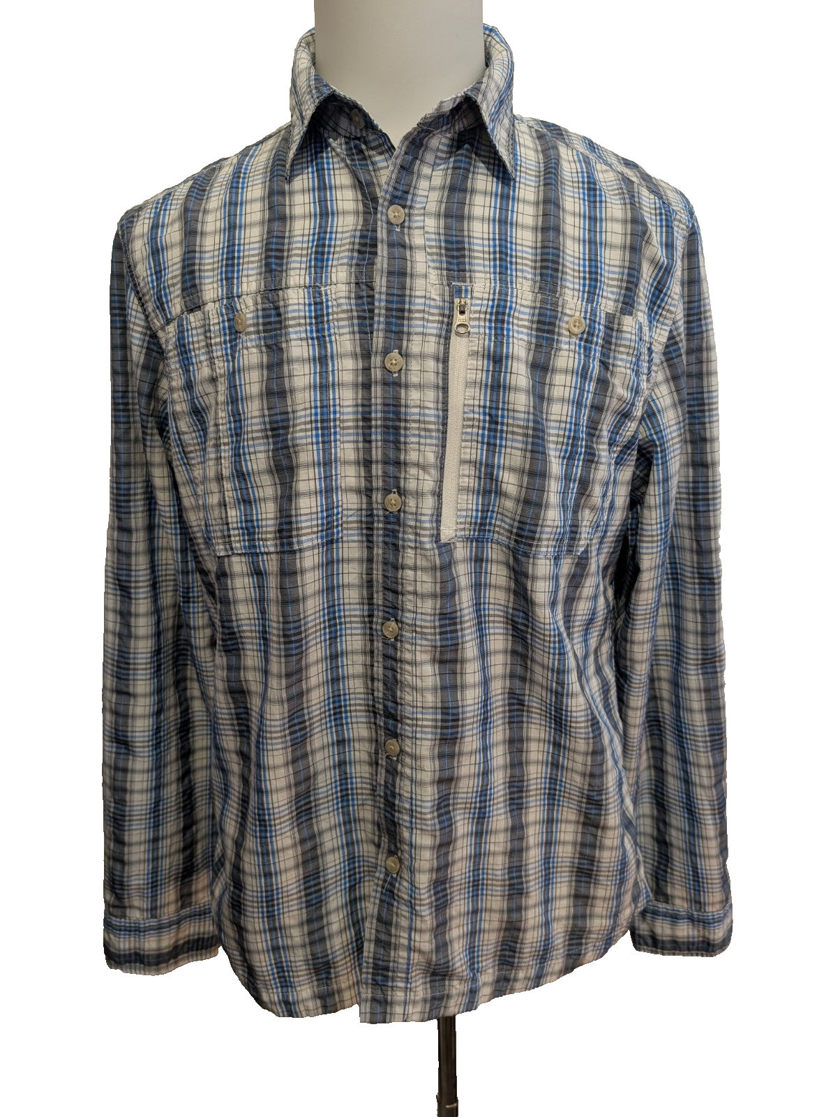 CHEMISE NYLON TECHNIQUE L.L. BEAN M (M) CARREAUX BLEU BLANC TREK
