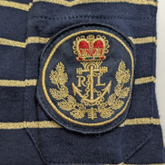 Pull LAUREN Ralph Lauren femme M bleu marine rayures dorées écusson brodé