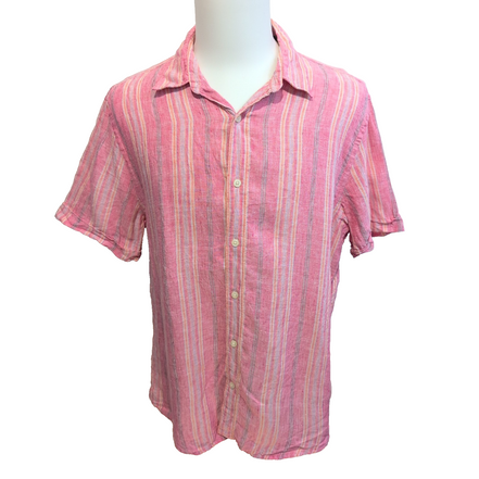Chemise Perry Ellis 100% Lin Rose Rayures Manches Courtes Taille L