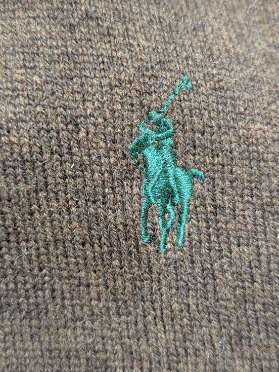 Pull Polo Ralph Lauren Marron Logo Vert - 100% Laine Mérinos - Taille M