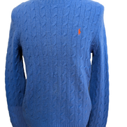 Pull Polo Ralph Lauren Torsadé Bleu Ciel Logo Orange 90% Mérinos / 10% Angora M