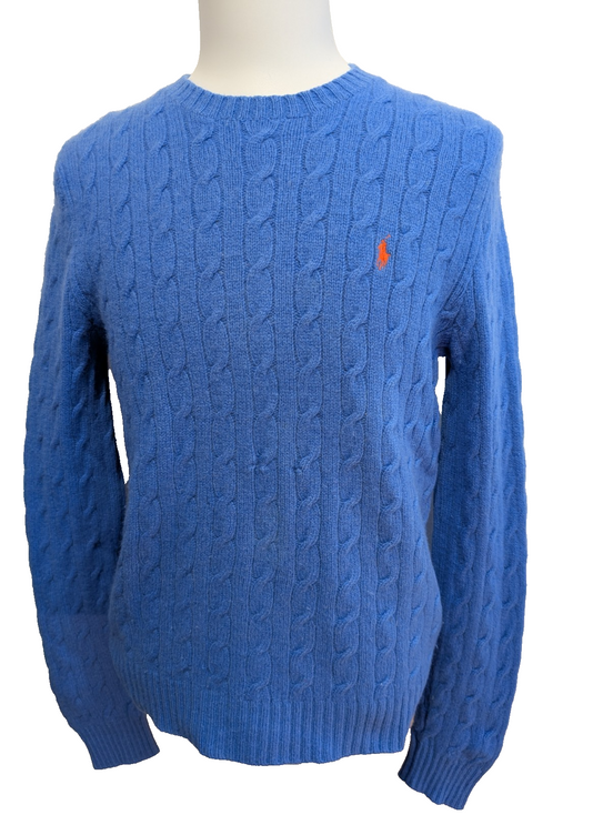 Pull Polo Ralph Lauren Torsadé Bleu Ciel Logo Orange 90% Mérinos / 10% Angora M