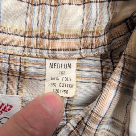 Chemise Western Round Made in USA M Marron Carreaux Pressions Vintage
