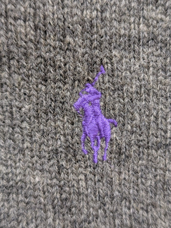 Pull Polo Ralph Lauren Gris Logo Violet - 100% Laine d'Agneau - L - ÉTAT NEUF