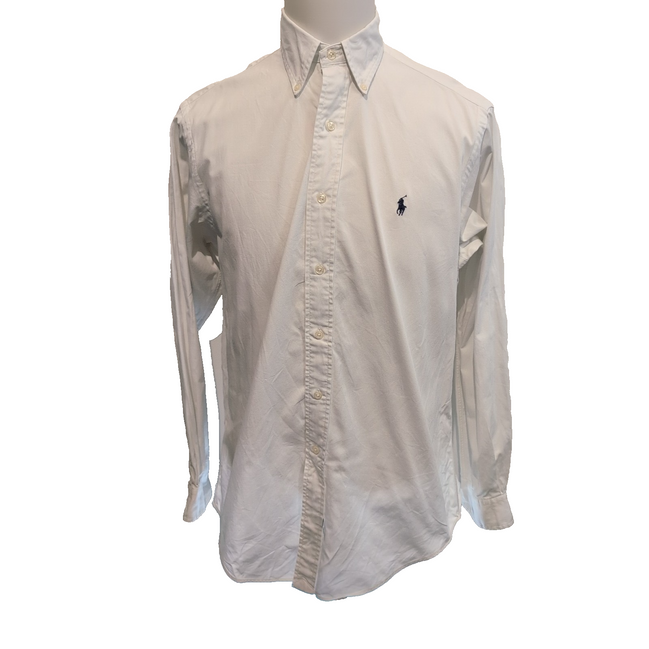 Chemise Ralph Lauren vintage M blanc uni logo bleu marine Made in Mauritius