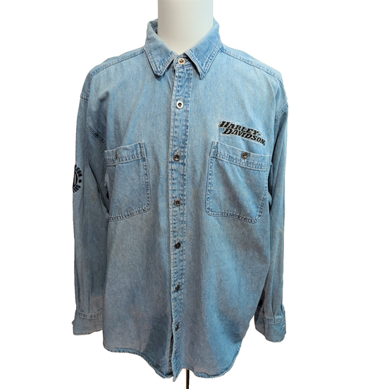 Chemise Harley Davidson XL Jean Bleu 100% Coton Brodée 2 Poches Logo
