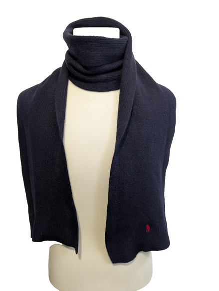 Écharpe Polo Ralph Lauren Bleu Marine 100% Laine Mérinos Logo Rouge