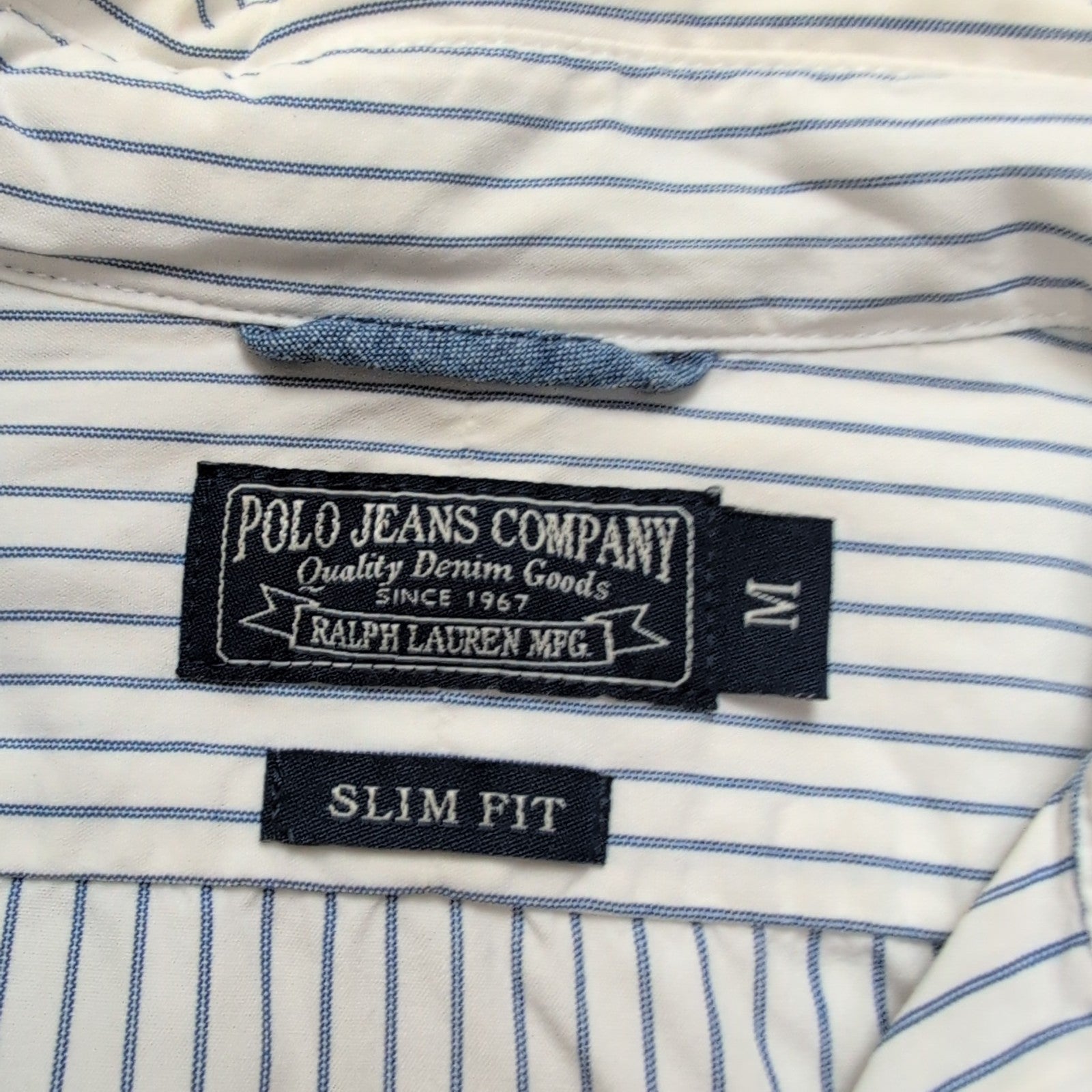Chemise Ralph Lauren M Slim Fit Blanc Rayures Bleu Logo Drapeau USA Vintage