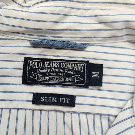Chemise Ralph Lauren M Slim Fit Blanc Rayures Bleu Logo Drapeau USA Vintage