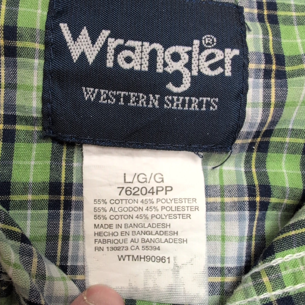 Chemise Wrangler Western L Vert Carreaux Pression Manches Courtes