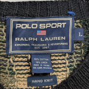 Pull Fait Main Vtg Polo Sport Ralph Lauren Col V Carreaux Bleu/Vert Lin Coton L
