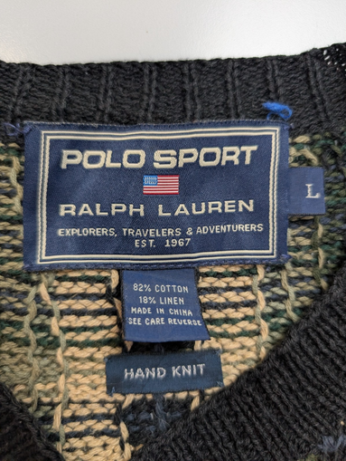 Pull Fait Main Vtg Polo Sport Ralph Lauren Col V Carreaux Bleu/Vert Lin Coton L