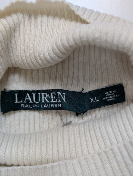 Pull Ralph Lauren (Lauren) Femme XL Col Roulé Rayé Blanc Cassé Noir Plaque Logo