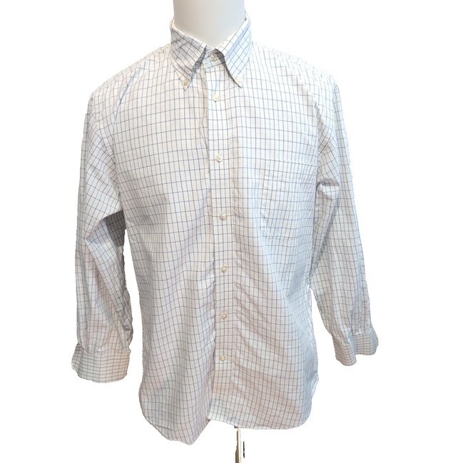 Chemise Lands' End Taille L Blanche Carreaux Bleus 100% Coton Manches longues