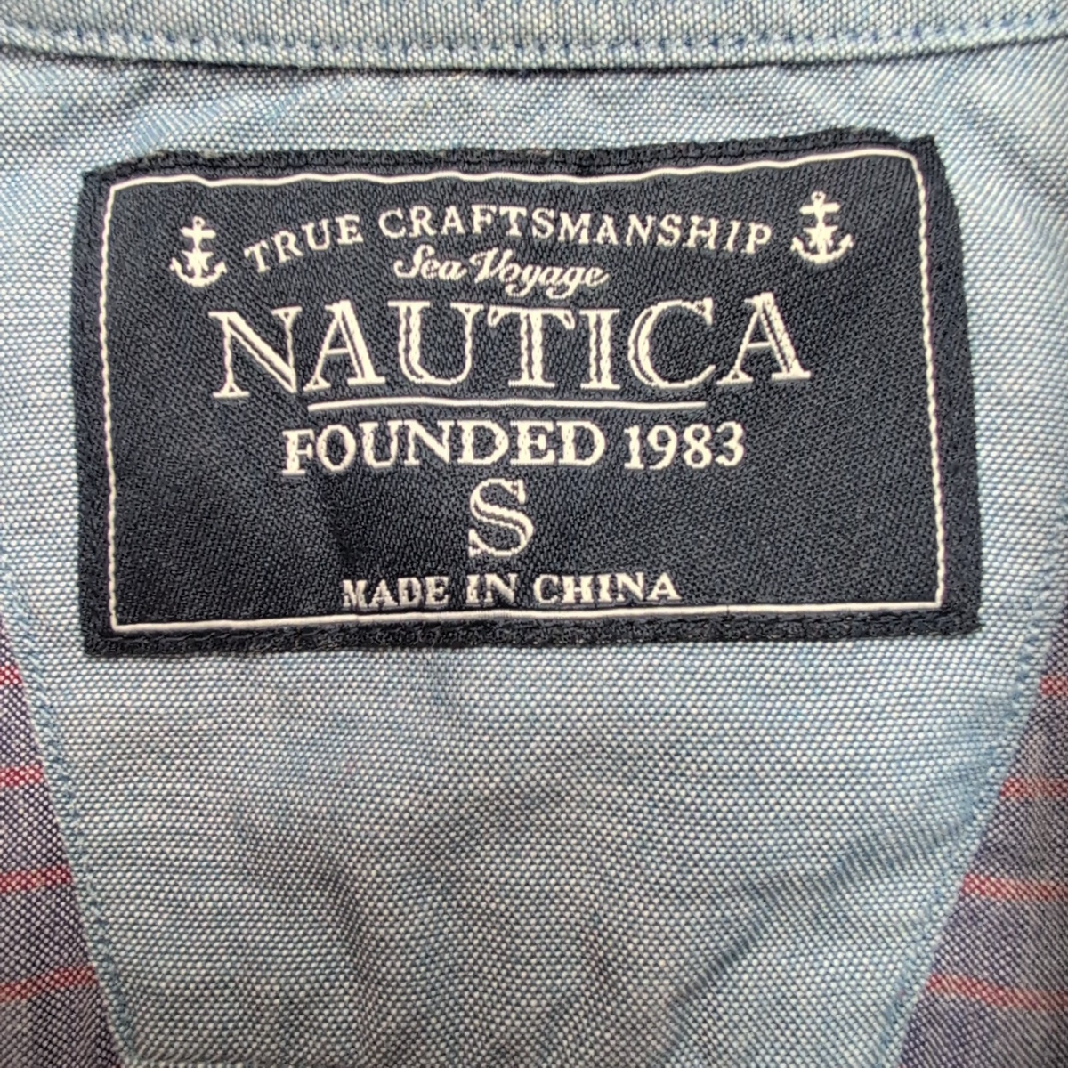 Chemise Nautica S Bleu Rayures Rouges 100% Coton Logo Poche Manches courtes