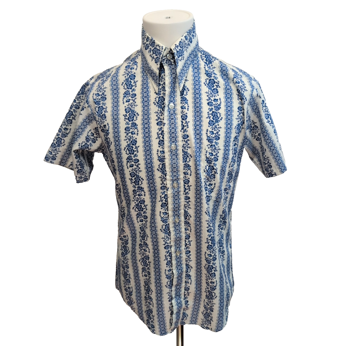 Chemise Hawaïenne Sears S 14.5 Bleu Rayures Fleurs Coton Manches Courtes